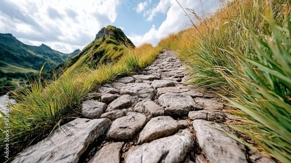 Obraz Rugged Stone Path Ascending Mountainside Under Partly Cloudy Sky