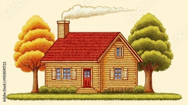 Obraz Rustic Wooden Cabin Illustration with Autumn Trees