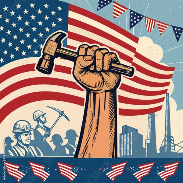 Fototapeta Happy Labor Day Celebrating The Dignity Of Work .,Happy Labor Day Patriotic Illustration With Clenched Fist Holding Hammer 
