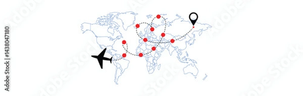 Fototapeta World map with airline routes. world map with icons of airplanes. Dotted line air path. Vector illustration