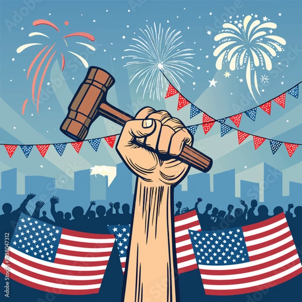 Fototapeta Happy Labor Day Celebrating The Dignity Of Work .,Happy Labor Day Patriotic Illustration With Clenched Fist Holding Hammer 
