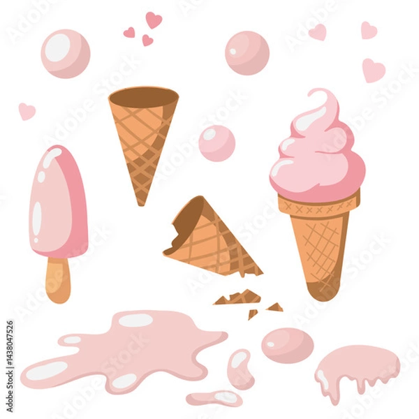 Obraz The food is pink ice cream, highlighted on a white background. A set of ice cream in a waffle cone with cartoon drawings. A delicious illustration.