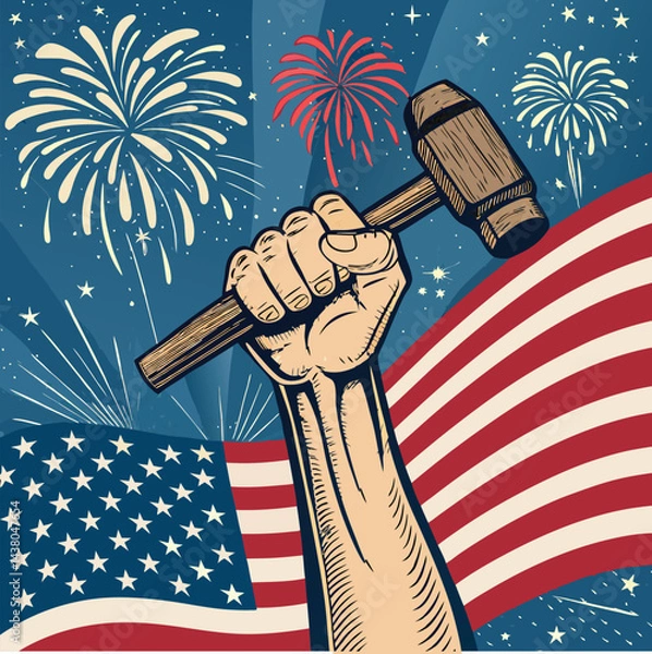 Fototapeta Happy Labor Day Celebrating The Dignity Of Work .,Happy Labor Day Patriotic Illustration With Clenched Fist Holding Hammer 
