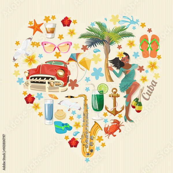 Obraz Cuba attraction and sights - travel postcard concept. Vector illustration with traditional Cuban architecture, colourful buildings, car, guitar, cigars, cocktail, flag. Design elements for poster.