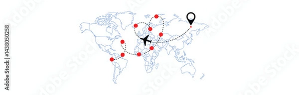 Fototapeta World map with airline routes. world map with icons of airplanes. Dotted line air path. Vector illustration