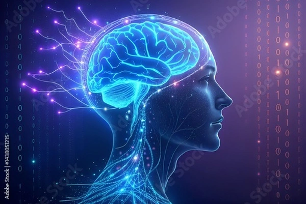 Fototapeta Futuristic digital illustration of human brain and neural network, artificial intelligence and technology concept
