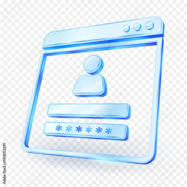 Fototapeta Login page design with user icon and password field displayed in a sleek, blue glass 3D style. Ideal for web and app interface design concepts. isolated on transparent background. Vector illustration.