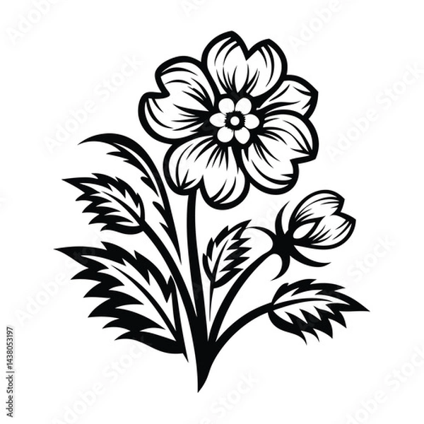 Fototapeta Black and White Blossom Blooming Flower with Detailed Leaves and Stem Outlines Design