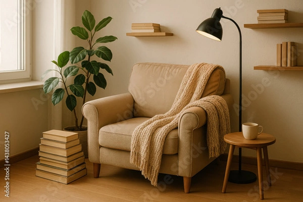 Fototapeta Cozy reading corner with armchair, blanket, books and warm lighting, generative AI