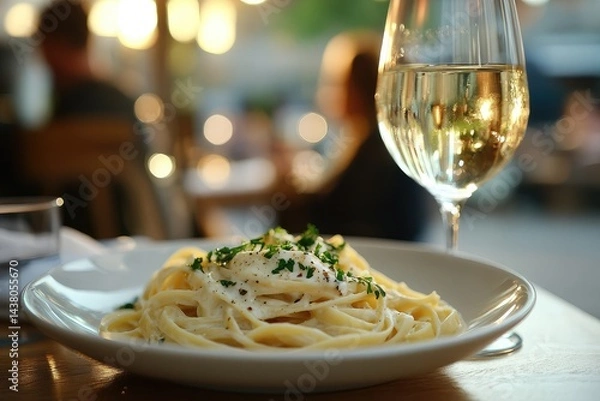 Fototapeta Steam rises from plate of creamy fettuccine Alfredo with parsley and white wine