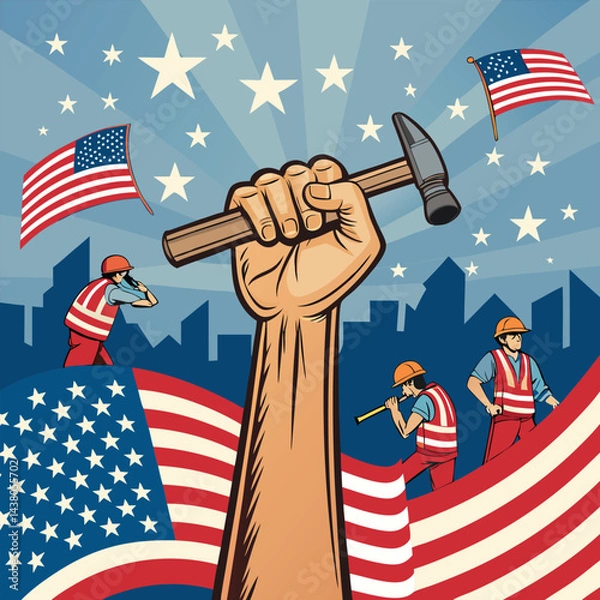 Fototapeta Happy Labor Day Celebrating The Dignity Of Work .,Happy Labor Day Patriotic Illustration With Clenched Fist Holding Hammer 
