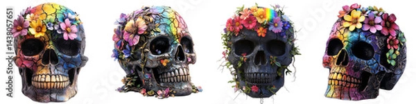 Obraz Colorful floral skulls with vibrant decorations and intricate details on transparent background