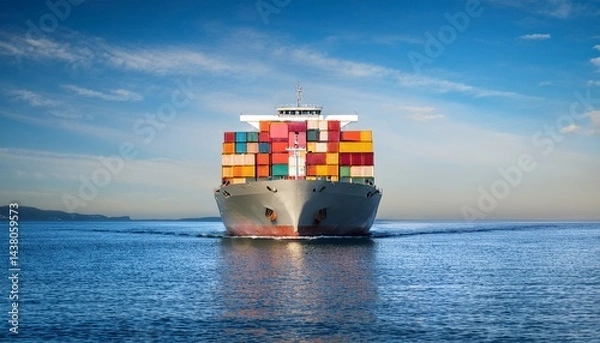 Fototapeta front view of cargo ship loaded with colorful containers sailing on calm waters