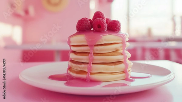 Fototapeta Pancakes with pink syrup and raspberries, styled in a 90s retro cafe