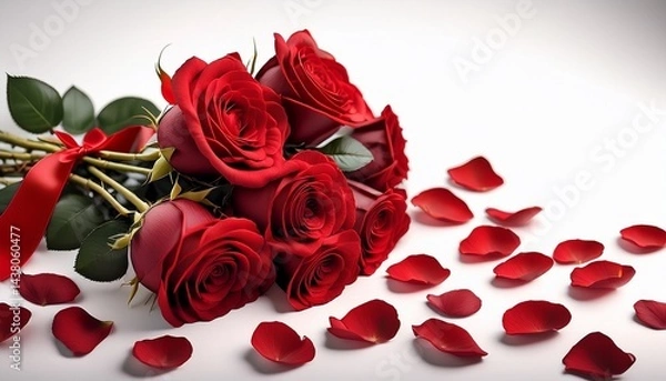 Obraz bouquet of red roses with scattered rose petals on white background