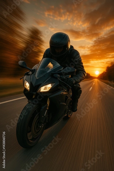 Fototapeta Motorcyclist in black gear racing down highway at sunset, motion blur and speed, generative AI