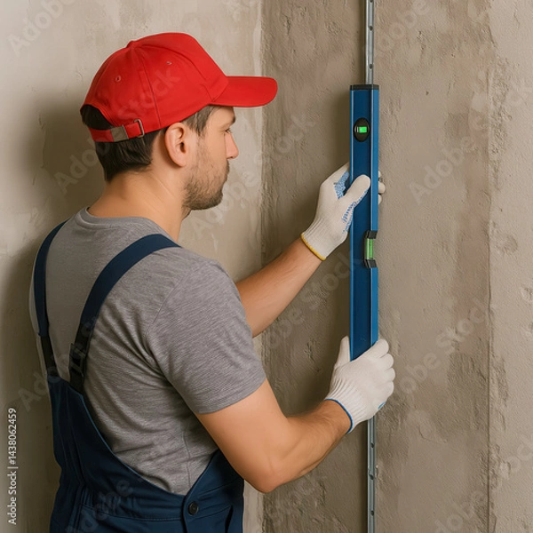 Fototapeta Construction worker installing metal beacons on wall for plaster leveling, generative AI