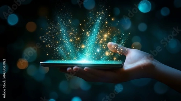 Fototapeta A hand holding a smartphone with glowing particles emerging from the screen.