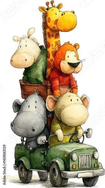Fototapeta Cartoon animals in a safari vehicle