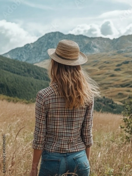 Obraz The image portrays a serene countryside scene, featuring a woman standing in the foreground with a backdrop of lush green fields and rolling hills. She is dressed casually in a plaid shirt and jeans,