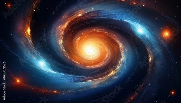 Fototapeta swirling galaxy in space orange core surrounded by blue and dust clouds in dark