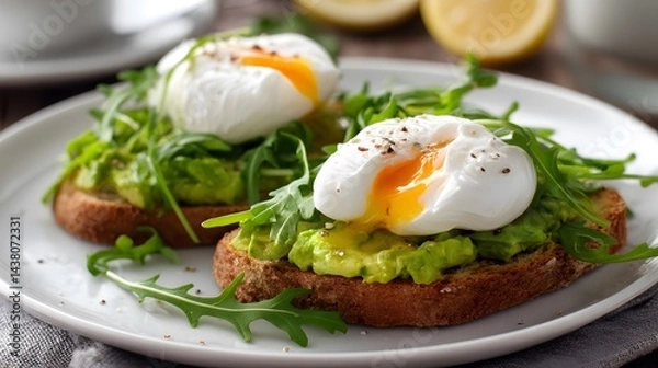 Obraz A delightful breakfast featuring avocado toast topped with poached eggs, garnished with fresh arugula, and a side of lemons.