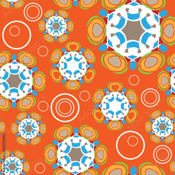 Fototapeta Seamless pattern with multicolor ornamental compositions and circles on the orange background. Vector illustration