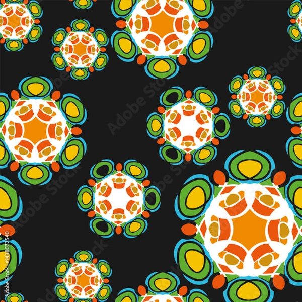 Fototapeta Seamless pattern with multicolor ornamental compositions on a black background. Vector illustration