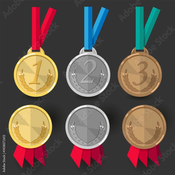 Fototapeta Gold, silver and bronze medals with ribbons and rosettes of ribbons. Vector set