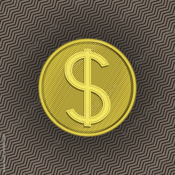 Fototapeta Gold coin with a dollar sign on a textured background. Vector illustration