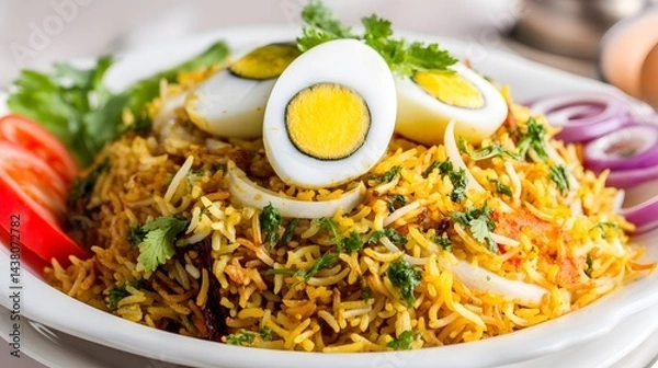 Obraz Egg biryani presented on a white plate, garnished with cilantro, onion rings, and tomato slice, offering a vibrant and appetizing display.