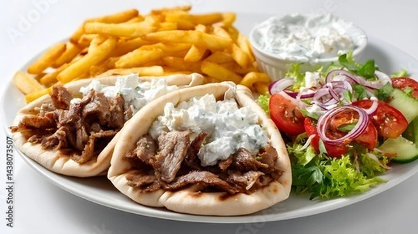 Obraz An overhead shot showcases two gyros with meat and sauce, golden fries, fresh salad, and creamy tzatziki dip on a white plate.