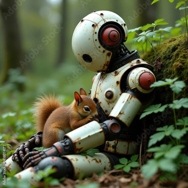 Fototapeta A charming scene depicting a rusty robot sitting in a forest with a squirrel enjoying nature