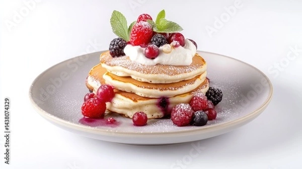 Obraz Stacked pancakes topped with whipped cream and fresh berries