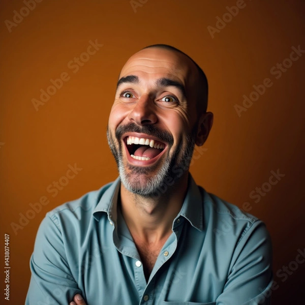 Obraz A cheerful adult man in a casual outfit smiling widely, standing against a vibrant orange backdrop, expressing genuine happiness and positive emotions, exuding warmth and joy