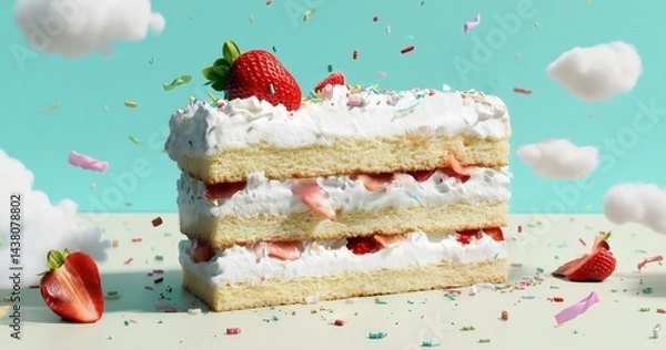Fototapeta Une part de gâteau rectangulaire avec des couches de crème fouettée et de fraises empilées, le fraisier est entouré de morceaux de fruits et de sucres colorés, sur un fond bleu pastel avec nuages.