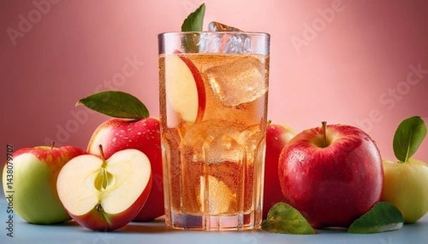 Fototapeta refreshing apple soda with ice surrounded by fresh apples on a pink background