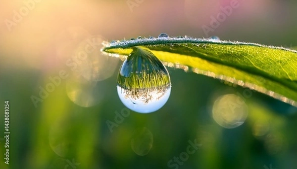 Obraz a close up macro shot of a single dew droplet delicately hanging from the tip of a freshly sprouted leaf reflecting an inverted image of a blooming spring meadow inside
