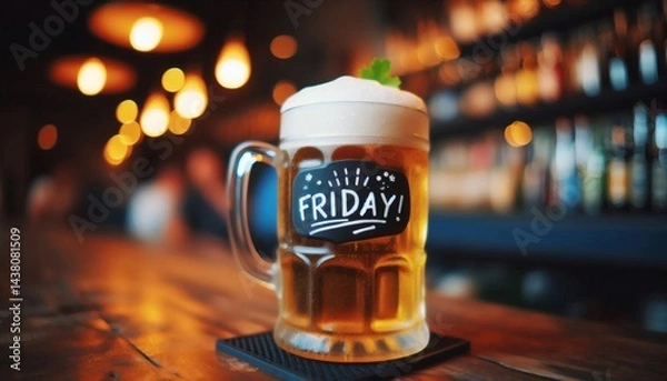 Fototapeta beer mug Friday bar counter foam alcohol weekend drink party celebrate brew socialize gatherings pub social lager ale