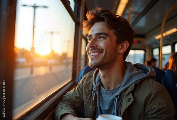 Fototapeta Smile on the road: A young man on a bus at sunset