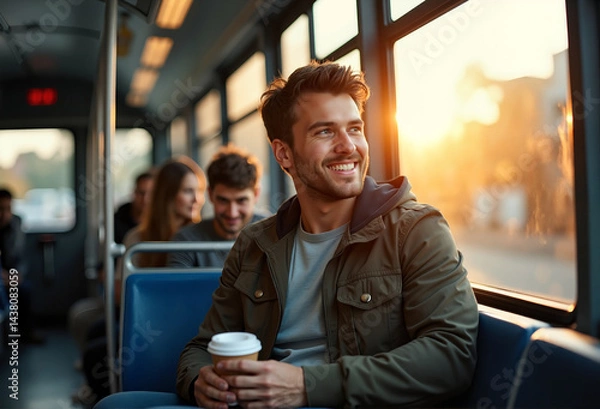 Fototapeta Smile on the road: A young man on a bus at sunset