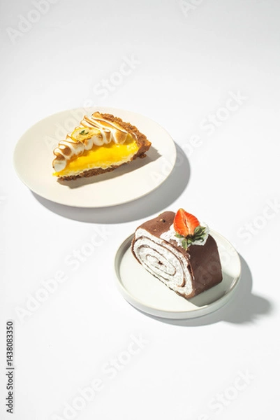 Obraz A chocolate roll cake with whipped cream and a fresh strawberry, paired with a slice of lemon meringue tart, both served on white plates over a clean white background. Delicious dessert duo.