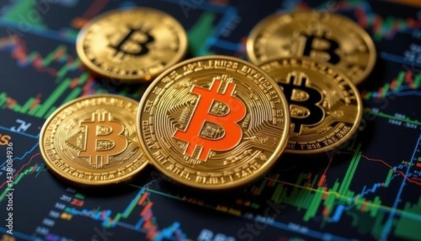 Fototapeta Golden Bitcoin Coins on Dark Stock Chart with Financial Data Trends