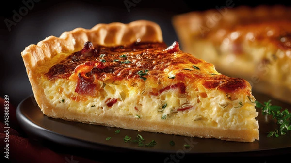 Obraz A savory slice of quiche features a golden, crispy crust filled with creamy egg mixture, herbs, and bits of cooked meat