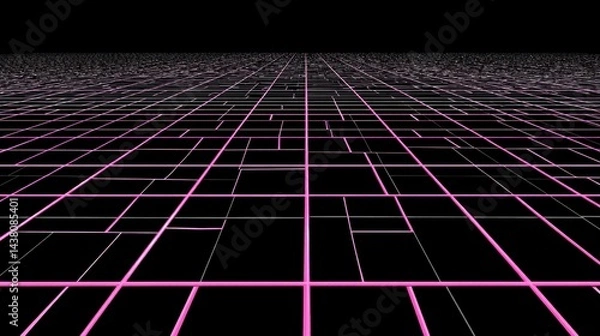 Fototapeta Abstract grid pattern with pink lines on a black background. Digital art with glowing lights.