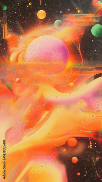 Fototapeta Vibrant hues create an abstract cosmic landscape filled with swirling colors and numerous planets, capturing the wonder of space at an imaginative angle