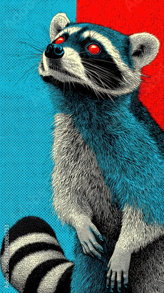 Obraz A raccoon stands upright, showcasing striking features and vibrant colors. The background contrasts boldly in shades of blue and red, enhancing the creature's distinct appearance