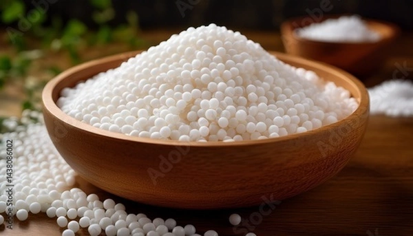 Fototapeta close up of white sago pearls in a wooden bowl showcasing texture and culinary potential ideal for food blogs health websites or recipe articles
