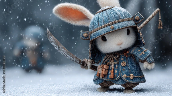 Obraz A small bunny dressed in detailed blue armor stands confidently in a snowy forest. Holding a sword, it prepares for an exciting adventure while snowflakes gently fall around it