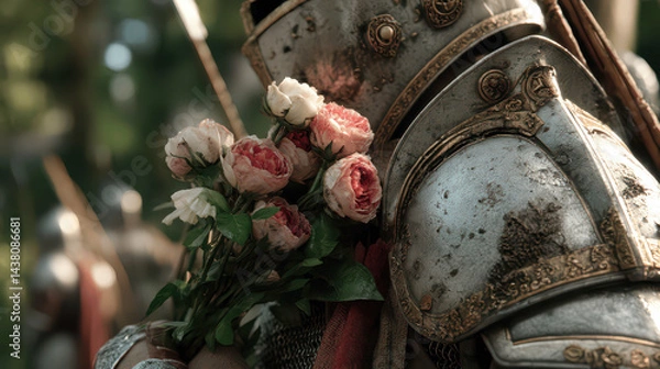 Obraz A knight adorned in battle-scarred armor stands proudly, clutching a bouquet of roses while surrounded by fellow warriors in a lush, green forest